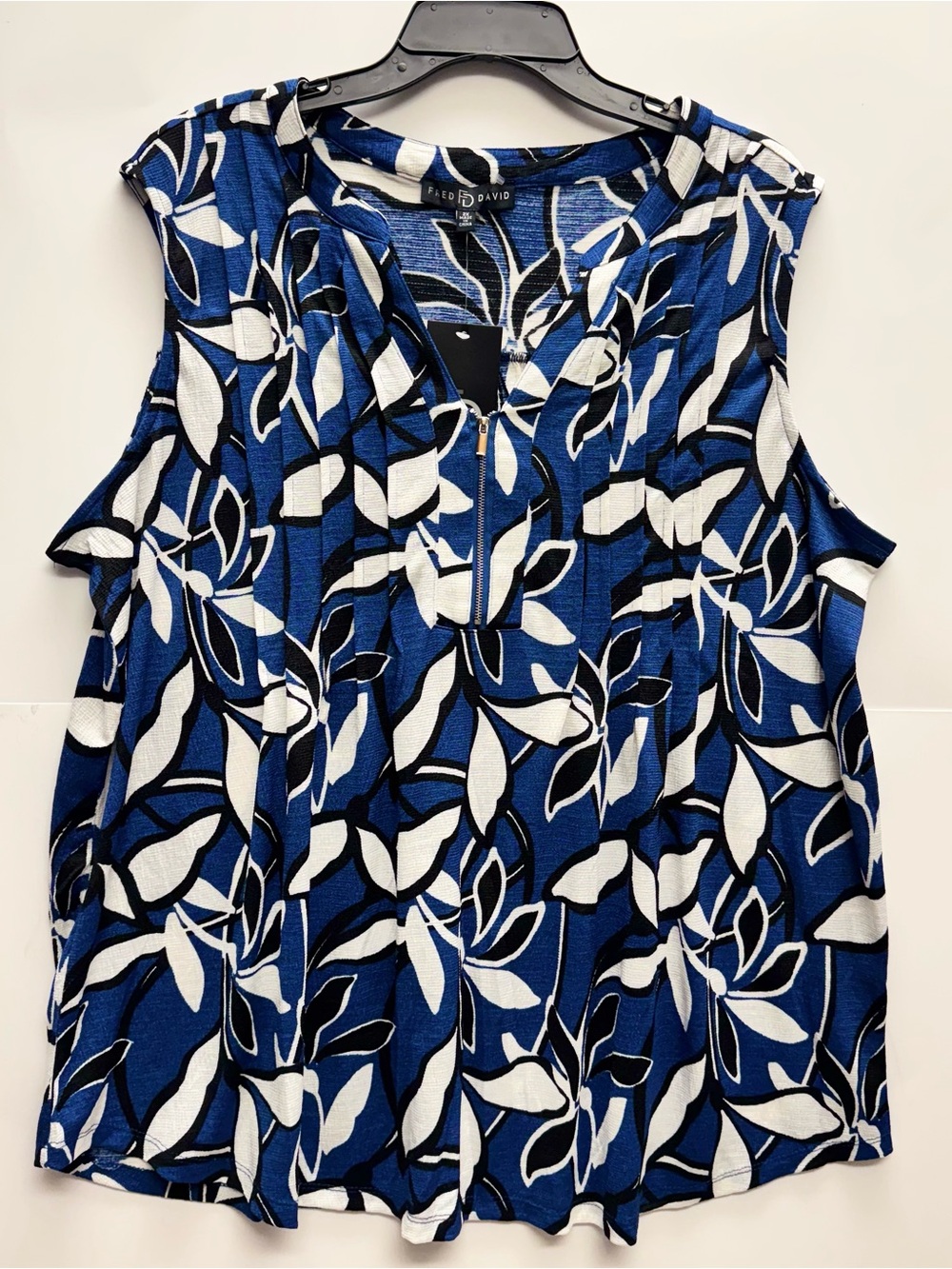 Fred David Top Blue Floral White Black Half Zip Top Womens Sleeveless Size 2X